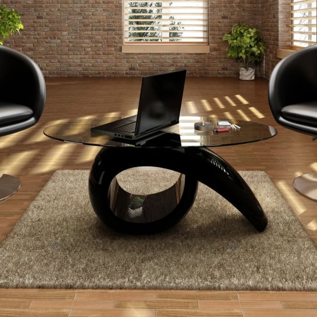 High Gloss Coffee Table With Oval Glass Top Black Image 2