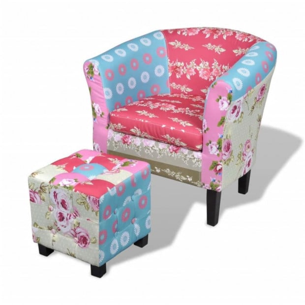 Armchair With Footstool Patchwork Design Fabric
