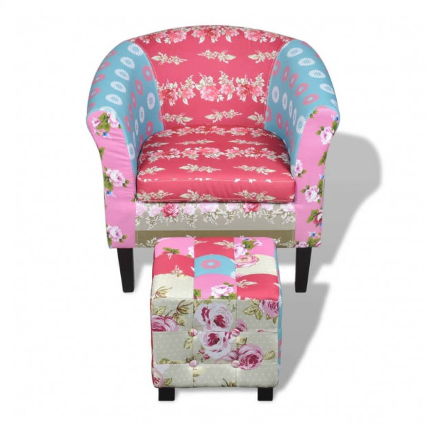 Armchair With Footstool Patchwork Design Fabric Image 4