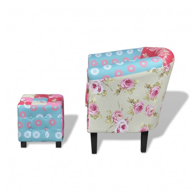 Armchair With Footstool Patchwork Design Fabric Image 5