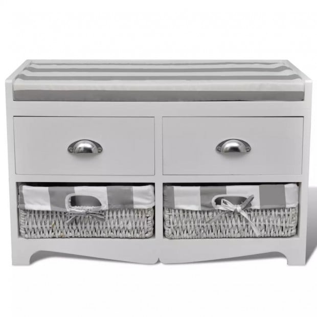 White Storage & Entryway Bench With Cushion Top 2 Drawer 2 Basket