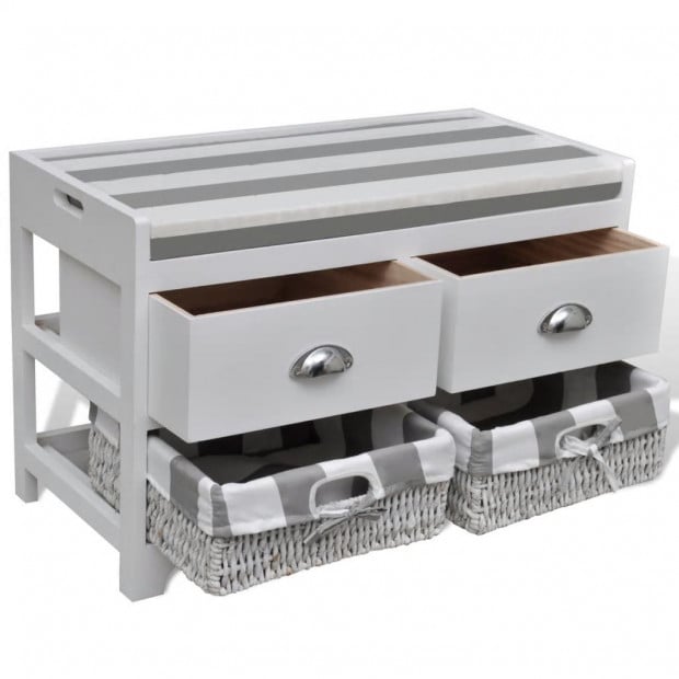 White Storage & Entryway Bench With Cushion Top 2 Drawer 2 Basket Image 3