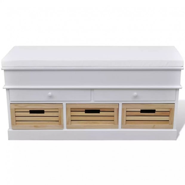 White Storage & Entryway Bench With Cushion Top 2 Draw 3 Crate