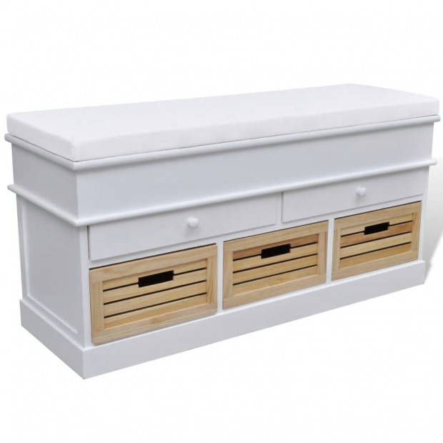 White Storage & Entryway Bench With Cushion Top 2 Draw 3 Crate Image 2