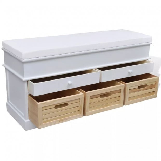 White Storage & Entryway Bench With Cushion Top 2 Draw 3 Crate Image 3