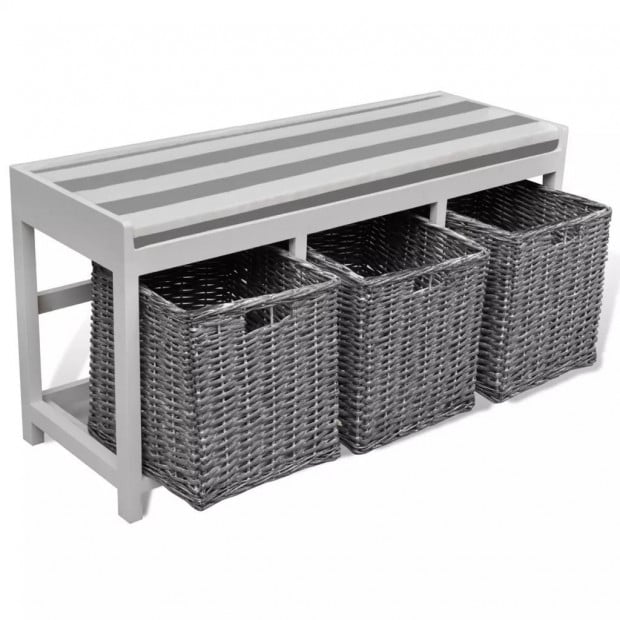 White Storage & Entryway Bench With Cushion Top 3 Basket Image 2