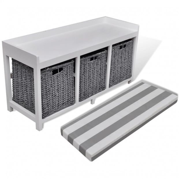 White Storage & Entryway Bench With Cushion Top 3 Basket Image 3