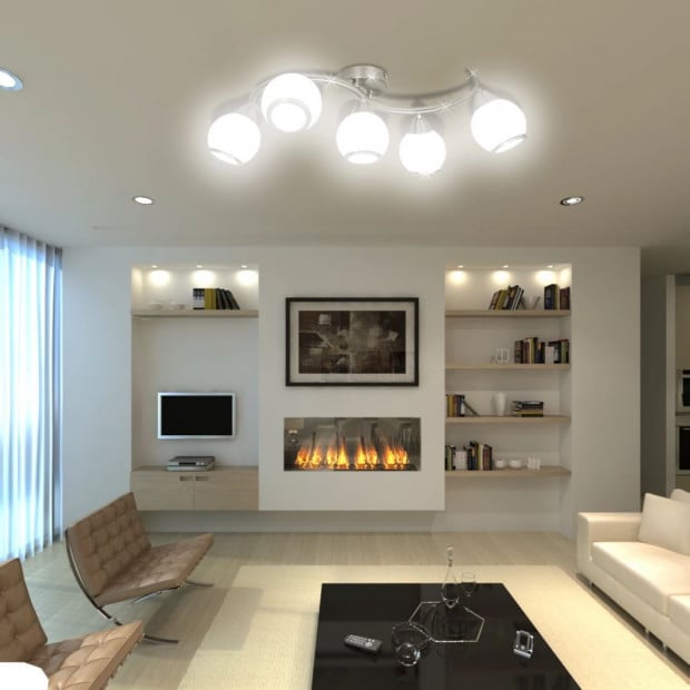 Ceiling Lamp With Glass Shades On Waving Rail For 5 E14 Bulb Image 3