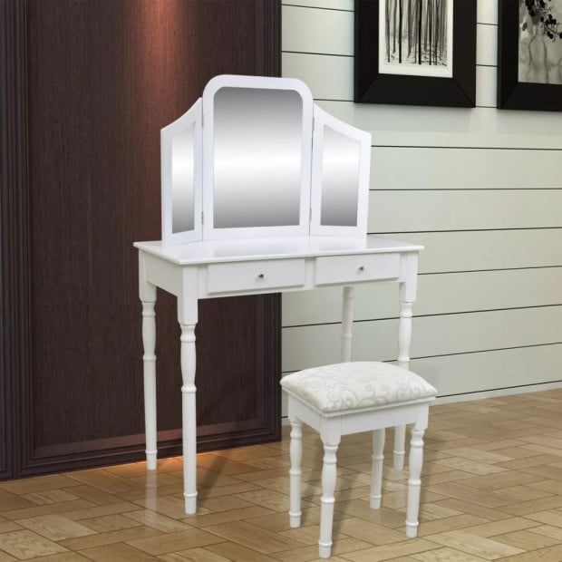 Dressing Table With 3-in-1 Mirror And Stool 2 Drawers White Image 2