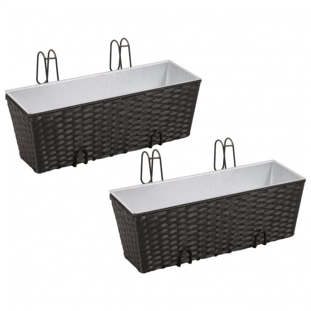 Balcony Trapezoid Rattan Planter 2 Pcs Black with 2 Zinc Pots