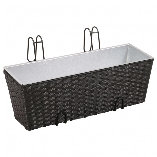 Balcony Trapezoid Rattan Planter 2 Pcs Black with 2 Zinc Pots Image 2