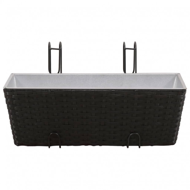 Balcony Trapezoid Rattan Planter 2 Pcs Black with 2 Zinc Pots Image 3