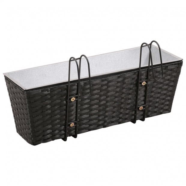 Balcony Trapezoid Rattan Planter 2 Pcs Black with 2 Zinc Pots Image 4