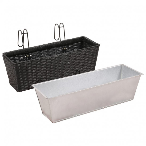 Balcony Trapezoid Rattan Planter 2 Pcs Black with 2 Zinc Pots Image 5