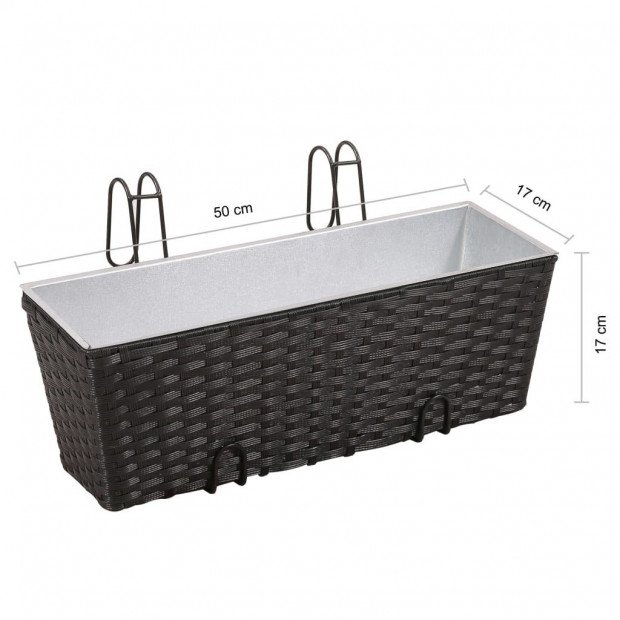 Balcony Trapezoid Rattan Planter 2 Pcs Black with 2 Zinc Pots Image 8