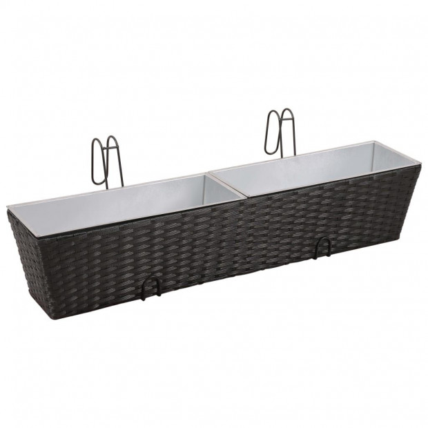 Balcony Trapezoid Rattan Planter 2 Pcs Black with 4 Zinc Pots Image 2