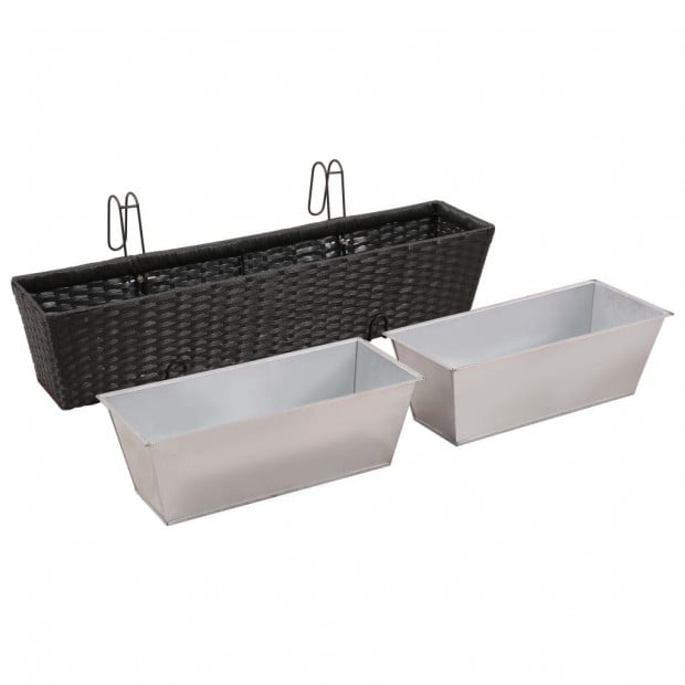 Balcony Trapezoid Rattan Planter 2 Pcs Black with 4 Zinc Pots Image 5