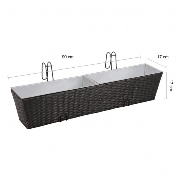 Balcony Trapezoid Rattan Planter 2 Pcs Black with 4 Zinc Pots Image 8