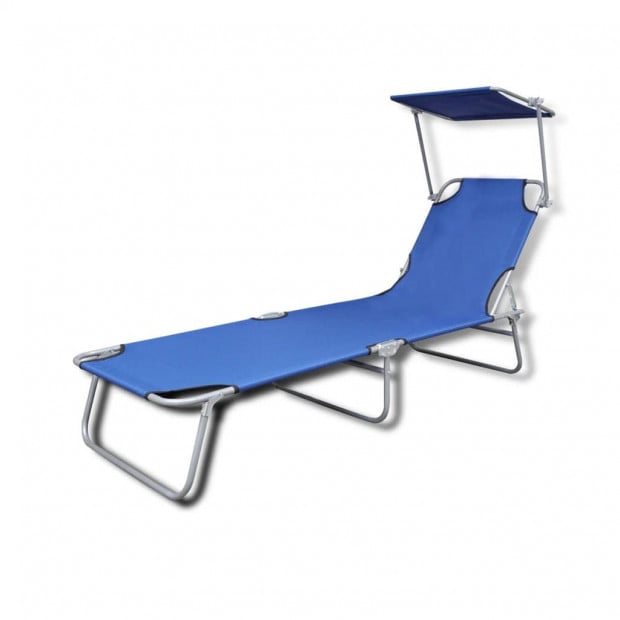 Folding Sun Lounger With Canopy Steel And Fabric Blue Image 2