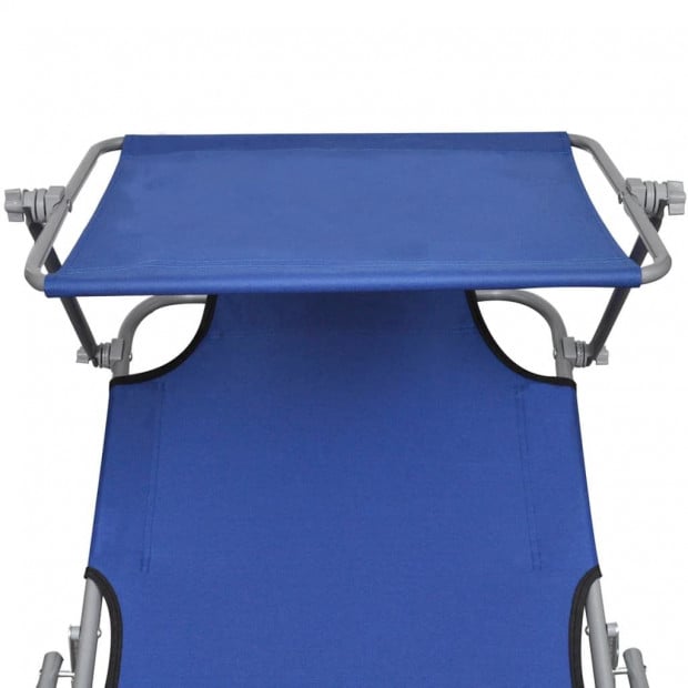 Folding Sun Lounger With Canopy Steel And Fabric Blue Image 4