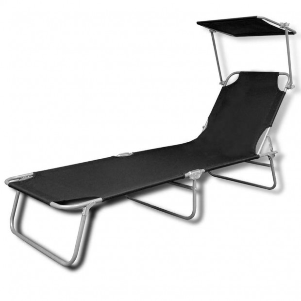 Folding Sun Lounger With Canopy Steel And Fabric Black Image 2
