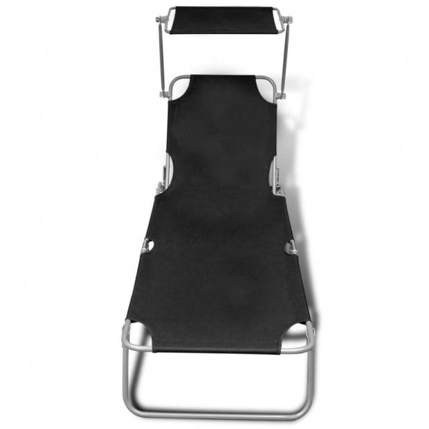 Folding Sun Lounger With Canopy Steel And Fabric Black Image 3
