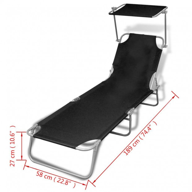 Folding Sun Lounger With Canopy Steel And Fabric Black Image 7