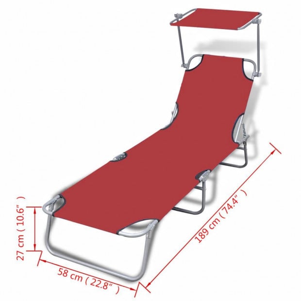Folding Sun Lounger With Canopy Steel And Fabric Red Image 7