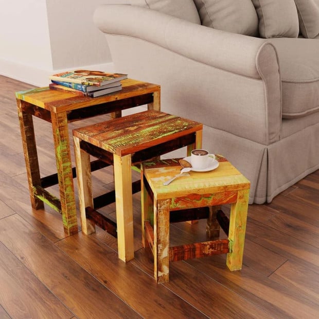 Nesting Table Set 3 Pieces Vintage Reclaimed Wood Image 2