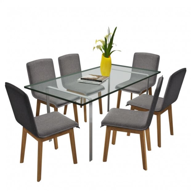 Oak Wood Dining Chairs 6 Pcs Light Grey Fabric And Solid Image 2