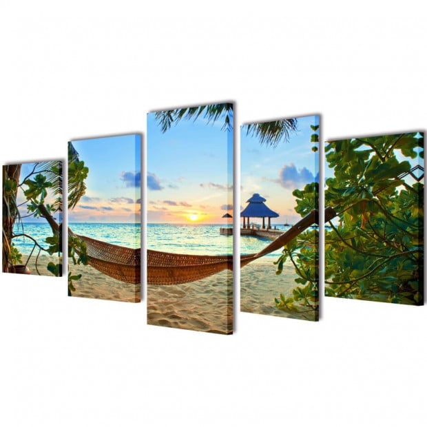 Canvas Wall Print Set Sand Beach With Hammock 200 X 100 Cm