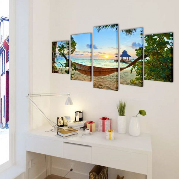 Canvas Wall Print Set Sand Beach With Hammock 200 X 100 Cm Image 2