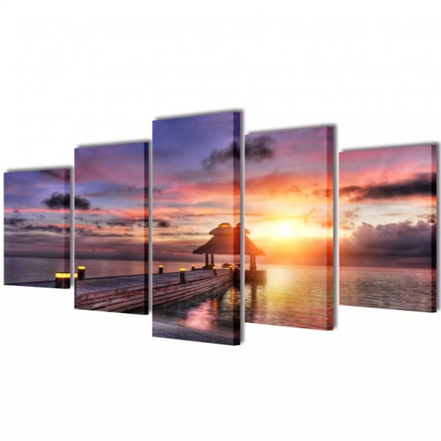 Canvas Wall Print Set Beach With Pavilion 100 X 50 Cm