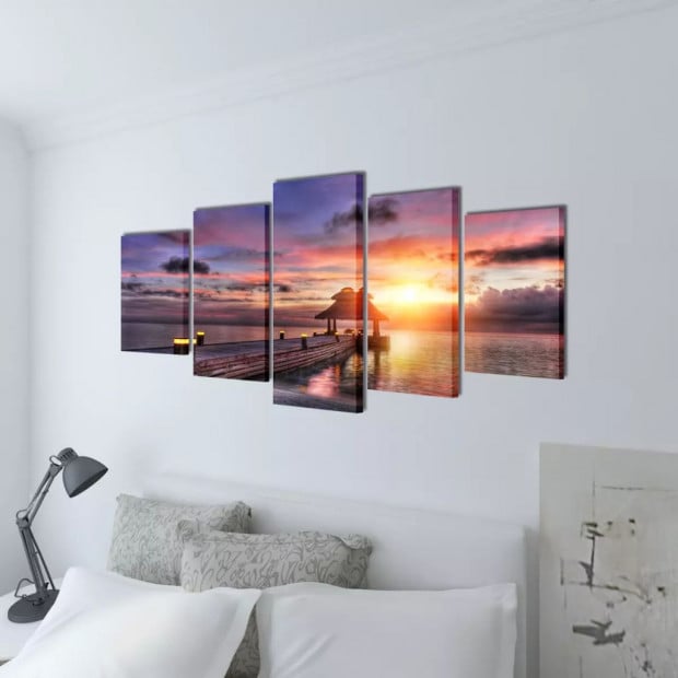 Canvas Wall Print Set Beach With Pavilion 100 X 50 Cm Image 2