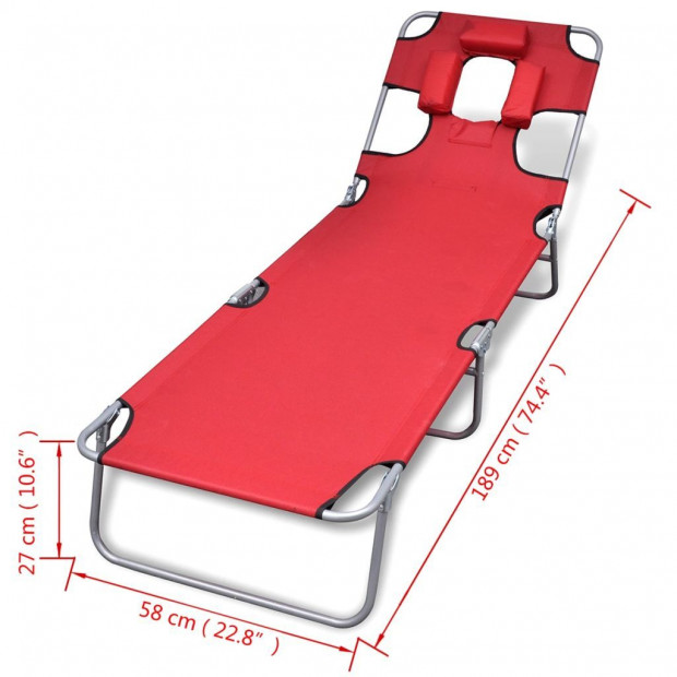 Folding Sun Lounger With Head Cushion Powder-coated Steel Red Image 6