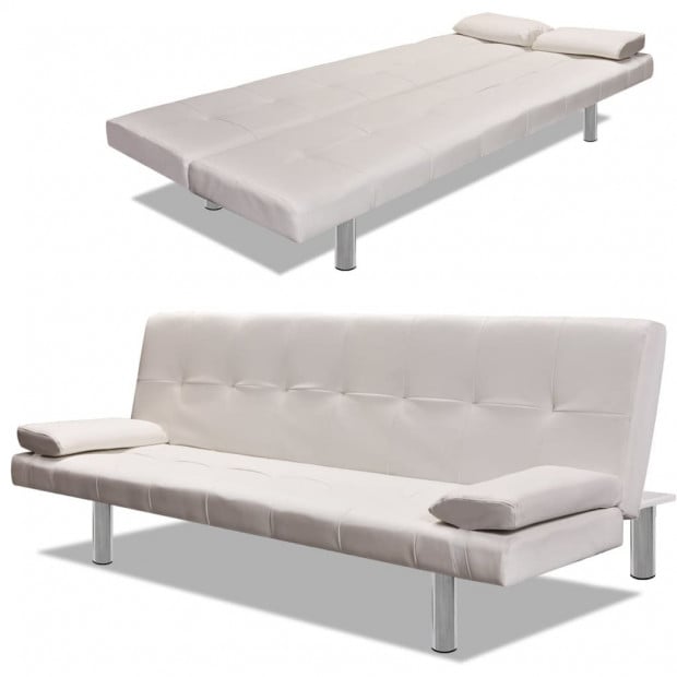 Sofa Bed With Two Pillows Artificial Leather Adjustable Cream White
