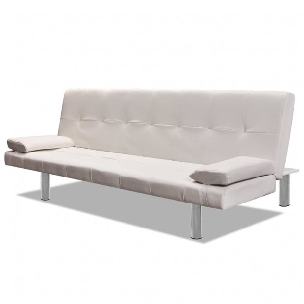 Sofa Bed With Two Pillows Artificial Leather Adjustable Cream White Image 3