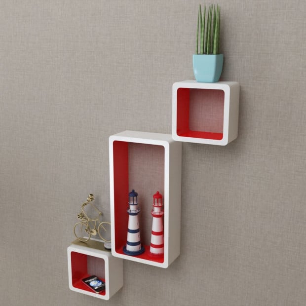 3 White-red Mdf Floating Wall Display Shelf Cubes Book/dvd Storage Image 3
