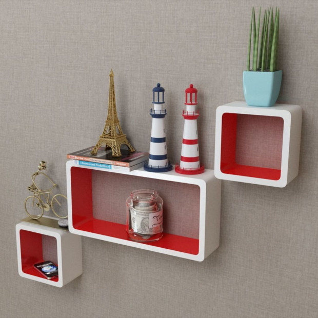 3 White-red Mdf Floating Wall Display Shelf Cubes Book/dvd Storage Image 2
