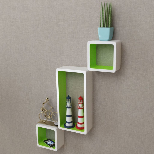 3 White-green Floating Wall Display Shelf Cubes Book/dvd Storage Image 3