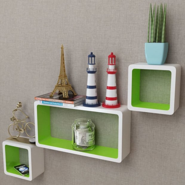3 White-green Floating Wall Display Shelf Cubes Book/dvd Storage Image 2