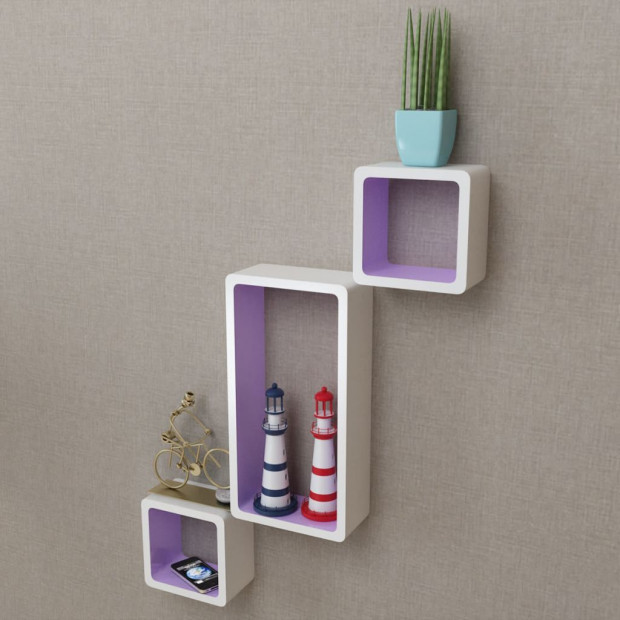 3 White-purple Mdf Floating Wall Display Shelf Cubes Book/dvd Storage Image 3