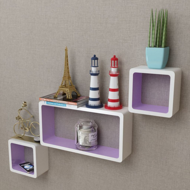 3 White-purple Mdf Floating Wall Display Shelf Cubes Book/dvd Storage Image 2