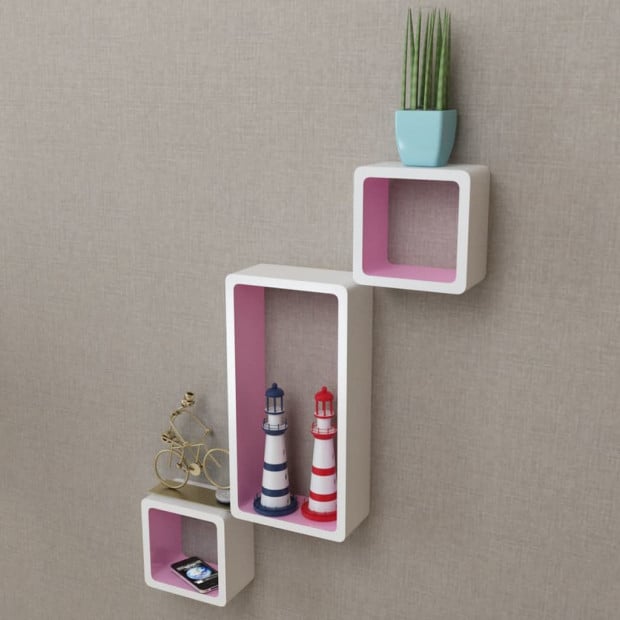3 White-pink Mdf Floating Wall Display Shelf Cubes Book/dvd Storage Image 3