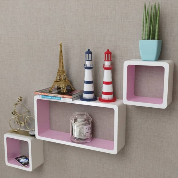 3 White-pink Mdf Floating Wall Display Shelf Cubes Book/dvd Storage Image 2
