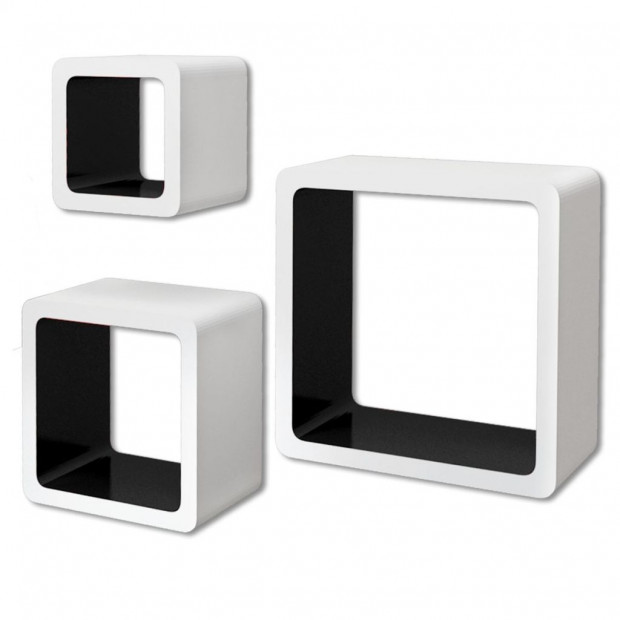 3 White-black Mdf Floating Wall Display Shelf Cubes Book/dvd Storage