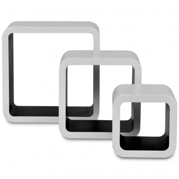 3 White-black Mdf Floating Wall Display Shelf Cubes Book/dvd Storage Image 3