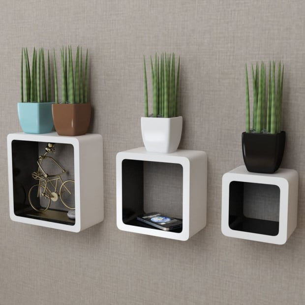 3 White-black Mdf Floating Wall Display Shelf Cubes Book/dvd Storage Image 2
