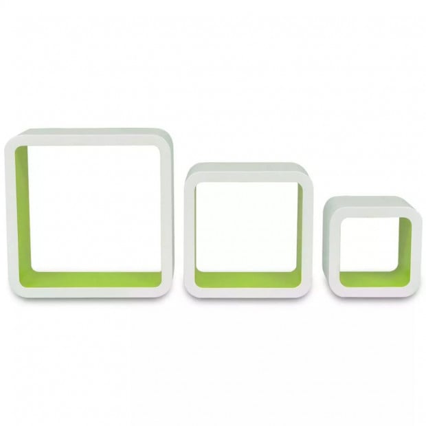 3 White-green Mdf Floating Wall Display Shelf Cubes Book/dvd Storage Image 3