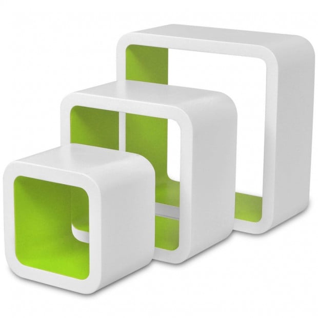 3 White-green Mdf Floating Wall Display Shelf Cubes Book/dvd Storage Image 4